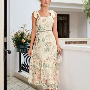 Summer Bow Strap Lace & Floral Overlay Garden Dress